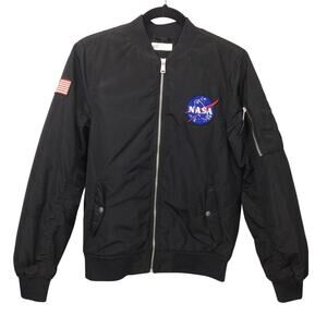 H&M Nasa Logo American Flag Patch Black Quilted Bomber Flight Jacket Kids 12/14